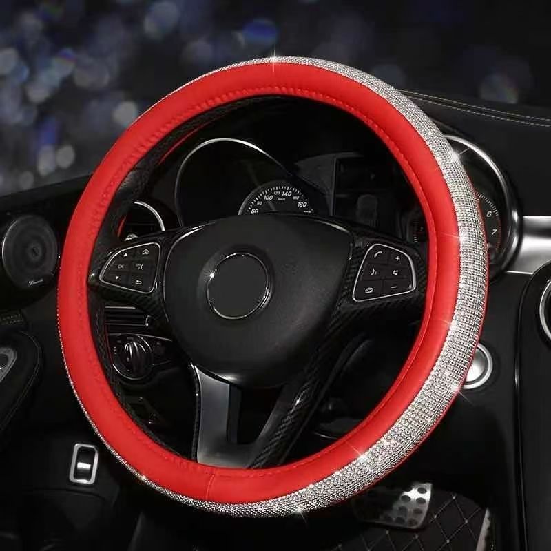 Cross-border white netted leather handle cover with sweat-proof and anti-slip anti-glare full-diamond steering wheel