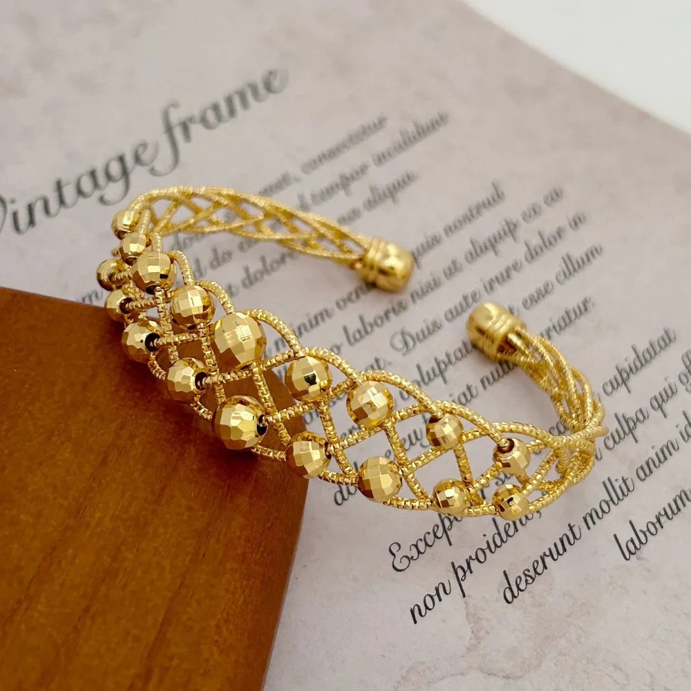 Dubai Gold Color Multi Beads Wide Cuff Bangle Bracelets for Women Wristband High Quality Jewelry Accessories Gifts 250805