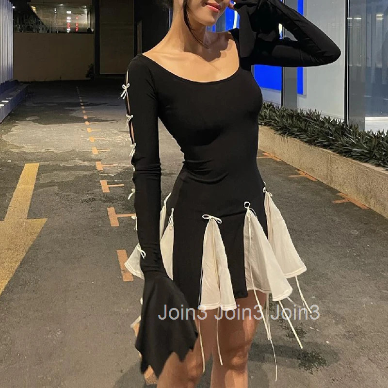Black Mini Dress For Women Autumn Patchwork Fashion Flare Sleeve Bandage Sexy O-Neck A-LINE Dress Casual Club Elegant Partywear