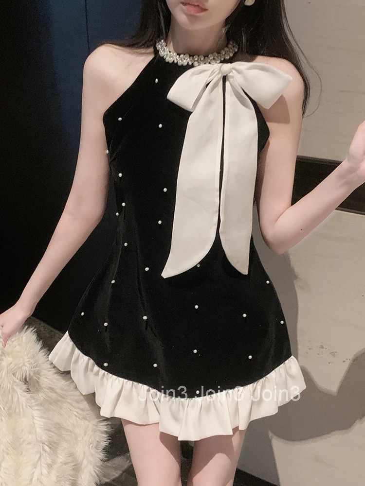 Elegant Dresses Women Sweet Fashion Bow Halter Beaded Vintage French Style Chic Sexy Mini Dress Patchwork Female