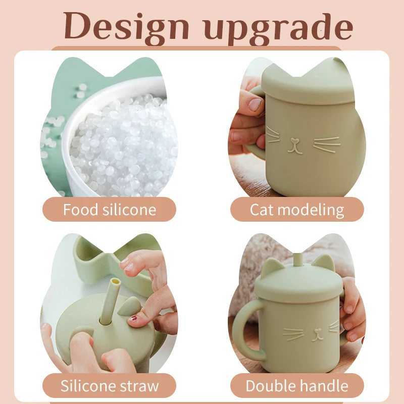 Baby Food Grade Feeding Cup Kid Double Handle Design Cute Cat Styling Straw Bottle Anti-Hot Leakproof Baby Silicone Feeding Cups X2508061