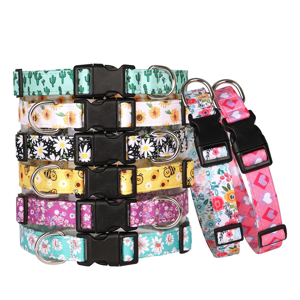 Nylon Print Dog Collar Adjustable Pet Collars Flower Print For Small Medium Large Dogs Chihuahua Pug Dog Accessories With D Ring 250805