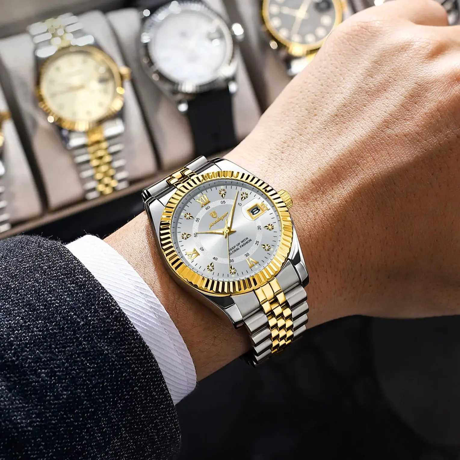 POEDAGAR Luxury Trend Mens Ice Waterproof Luminous Stainless Steel Male Date Quartz Business Mens Wristwatch + Gift Box W250806