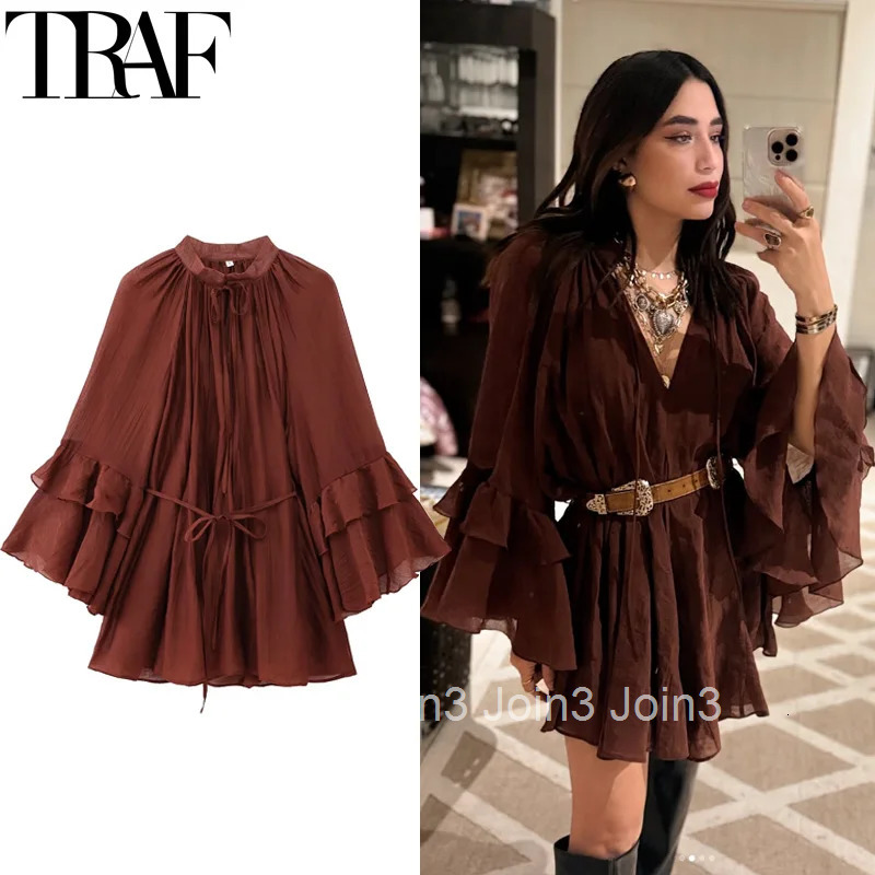 TRAF Woman Dress Ruffle Long Sleeve Mini Dress Summer Tie Fairy Short Dresses For Women Pleated Elegant Party Dresses 088