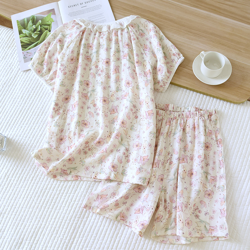Digital double-layer gauze sleepwear, cute cartoon lace set for women, thin summer short sleeved shorts, cardigan, home wear