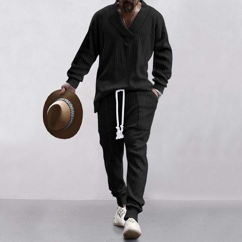 Designer Leisure High Quality Clothing Casual Trousers V Neck Versatile Jacquard Sweater Men's Autumn Suit