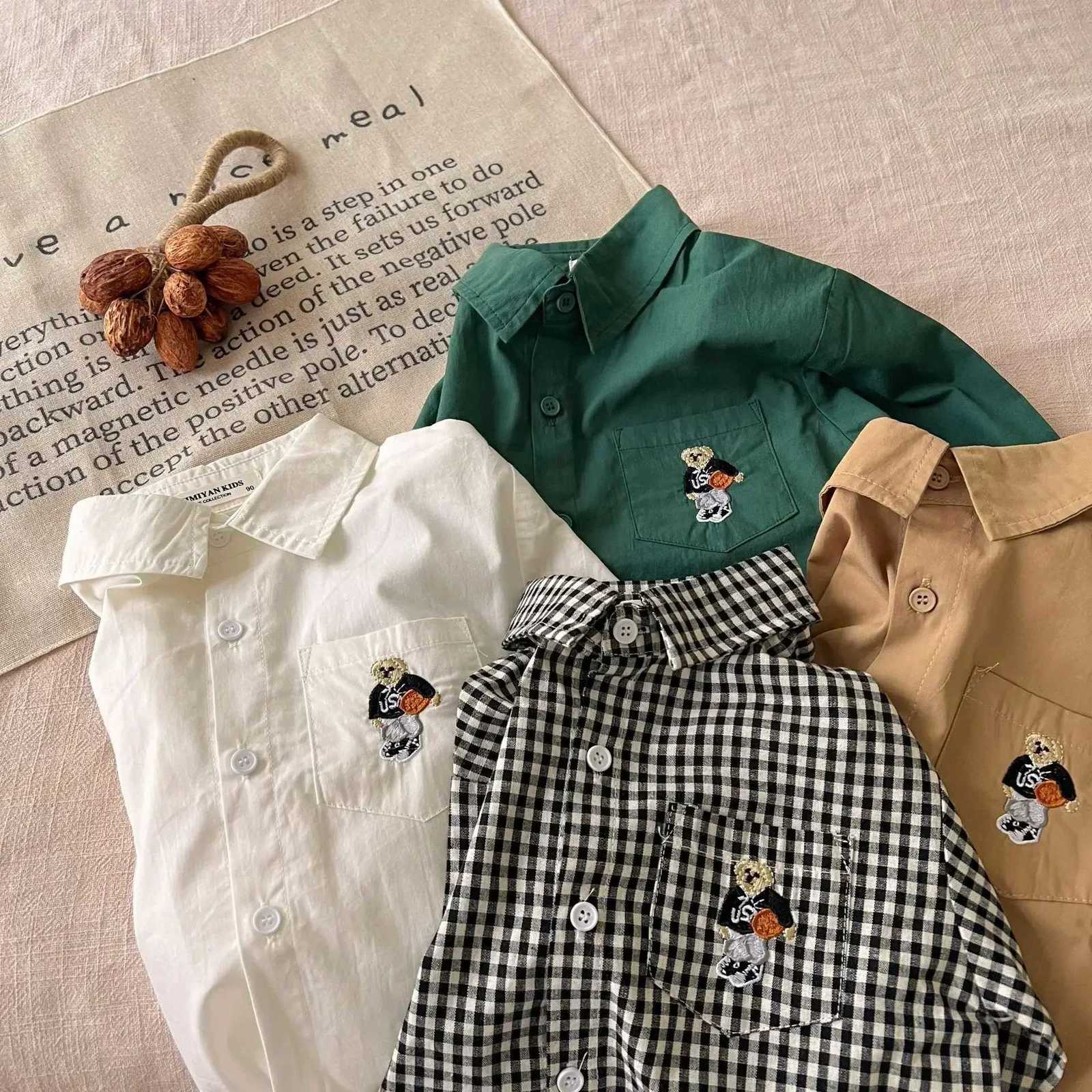 Childrens White Shirt Autumn 2024 New Boys Girls Korean Version Little Bear Embroidered Long-sleeved Plaid Lapel Shirt Trend X250806