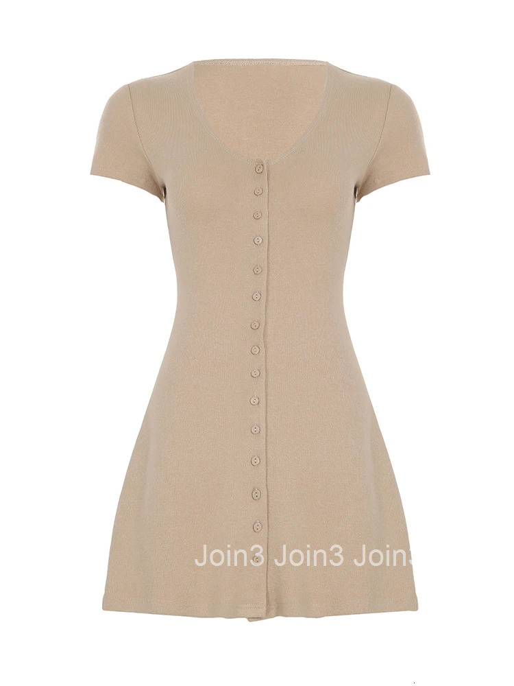 Weekeep Casual Solid A-line Mini Dress Summer Button-up V Neck Short Sleeve Dresses for Women y2k Vintage Clothing Elegant Lady