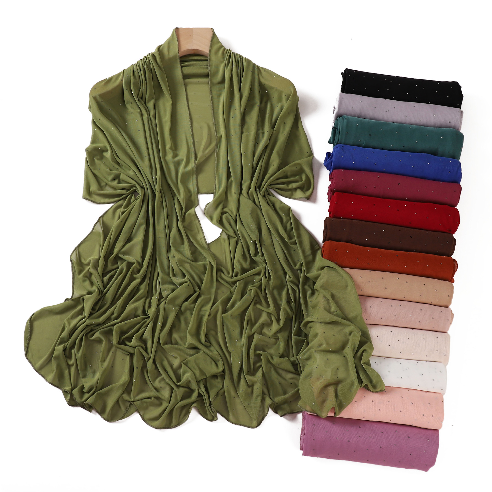 K1607 Gypsophila hot diamond elastic mesh long scarf solid color headscarf scarf women's accessories silk scarf air-conditioned room outdoor shaw