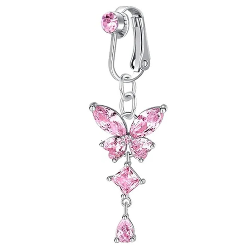 Clip On Belly Button Ring Butterfly Copper Zircon Pink Belly Piercing Umbilical Navel Body Jewelry Trendy Fashion Style 250805