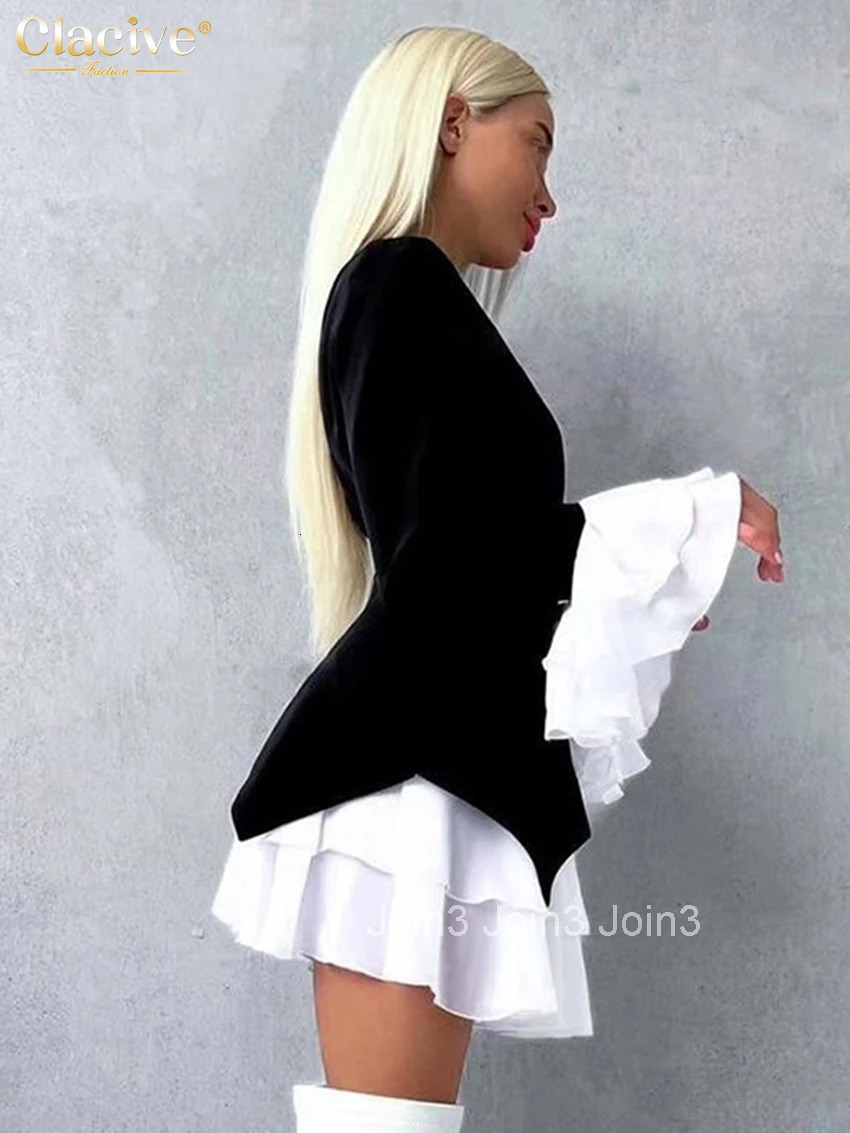 Clacive Fashion Loose Black Patchwork Women Dress Sexy V-Neck Long Sleeve Mini Dresses Elegant Classic Pleated Female Dress