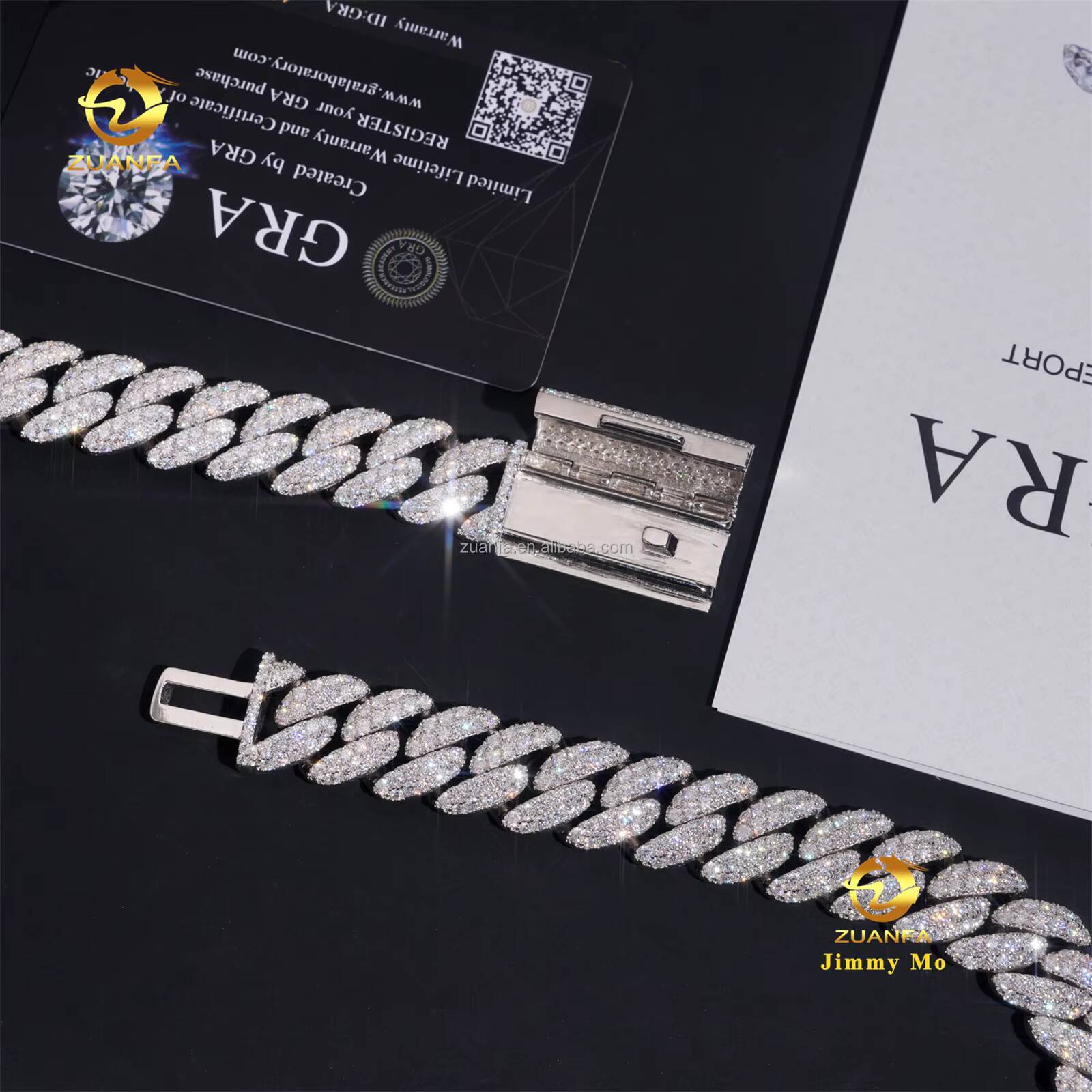 Customized Luxury Rapper Jewelry 16mm Prong Setting GRA 925 Silver Iced Out Hip Hop Moissanite Diamond Miami Cuban Link Chain