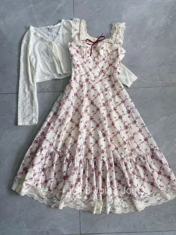 Summer Lovely Sweet Lace Print 2-piece Set Dress Women Design Chic Sling Pretty Dresses Casual Elegant New Knit Cardigan