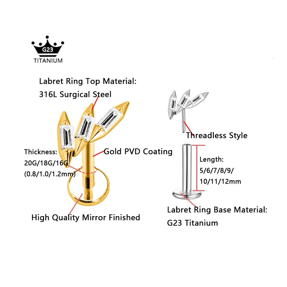 ASTM 36 G23 Flower Heart Star Drop Threadless Piercing Petals Leaf Moon Pin Push in Labret Stud Daith Conch Earring 250805