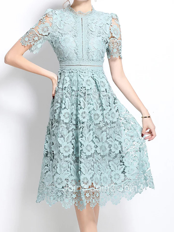 HAM Elegant Lace Hollow Out Midi Dresses Womens Summer O Neck Short Sleeve Casual Long Dress Party Vestidos