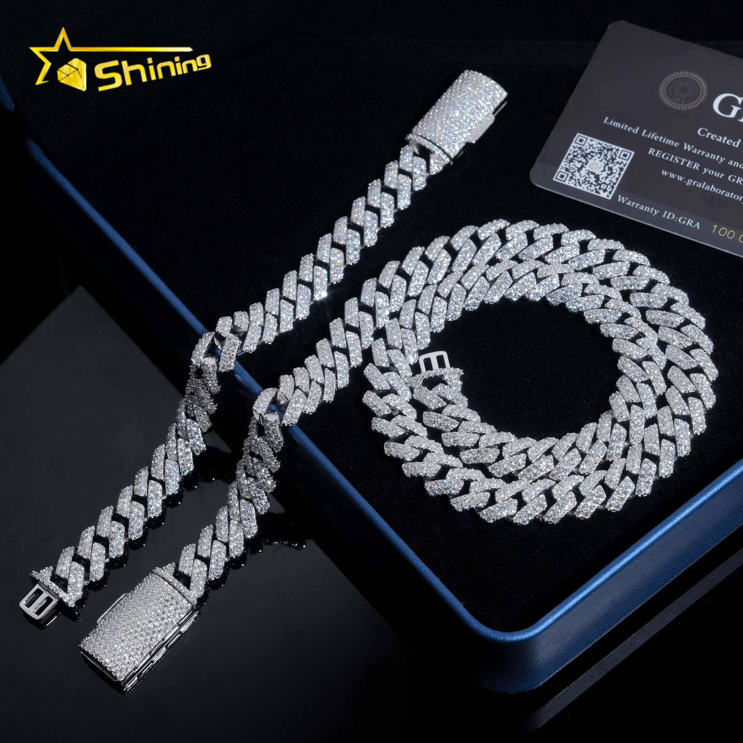 Rapper Hip Hop Miami Necklace Iced Out 12MM 2Rows Diamond 925 Sterling Silver Moissinite Cuban Link Chain
