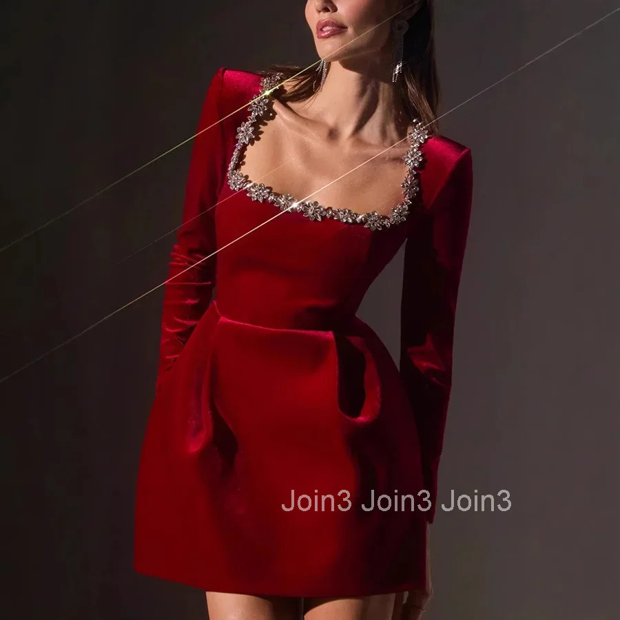 Elegant Short Velvet Dress with Diamond Embellishment Square Collar Independent Station Cross-border Spring Womens Fashion