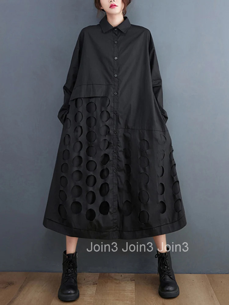 Polka Dot Hollow Out Cotton Shirt Dresses For Women Long Sleeve Loose Casual Vintage Dress Elegant Clothing Spring Autumn