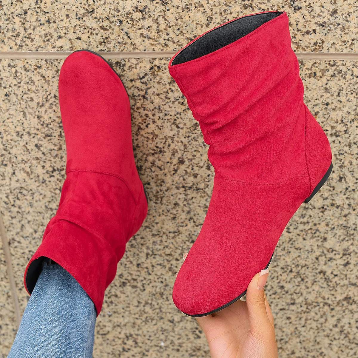 One-step womens nude boots fashionable and casual stacked elastic flat low-tube womens boots pleated solid color round head 250805