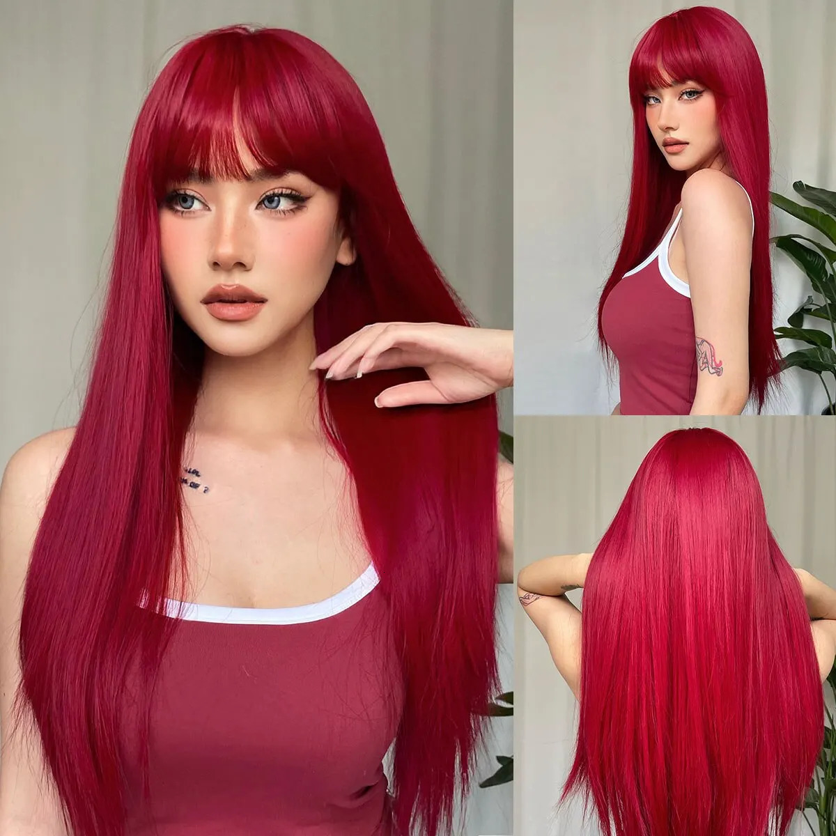 Light Wine Red Synthetic Wigs With Bangs for Women Long Straight Hair Wig Natural Cosplay Party Heat Resistant 250805