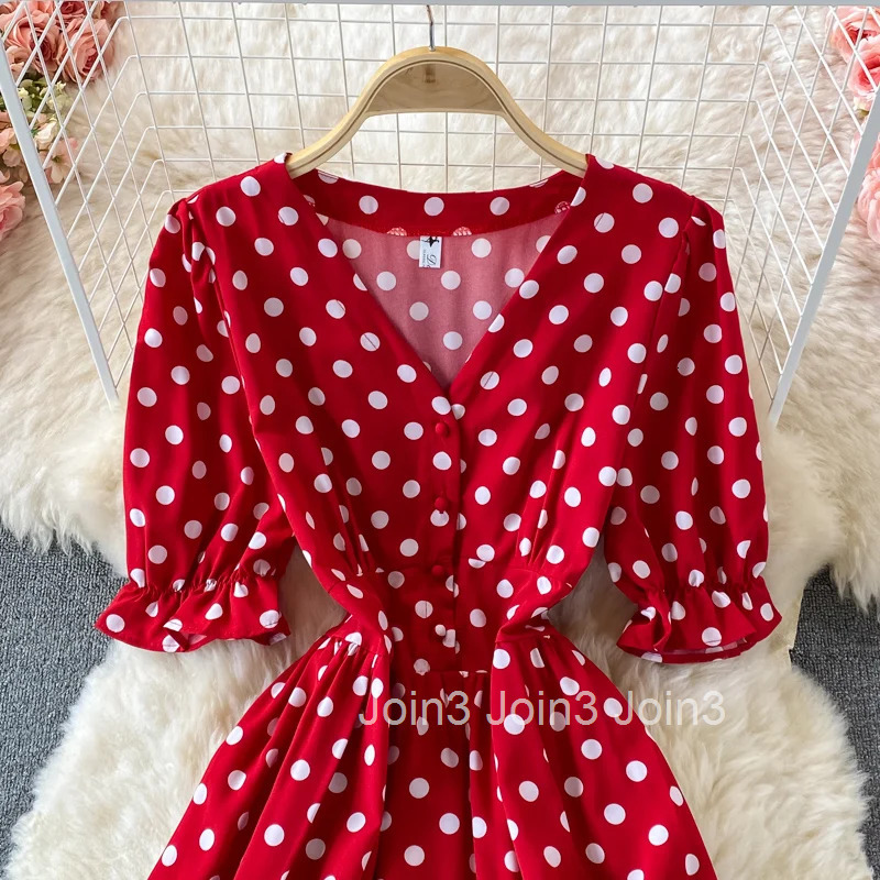 Vintage Elegant Pleated v neck Short Sleeve Dot Dress A-line Fashion Spring summer Beach Vestidos Women Dresses