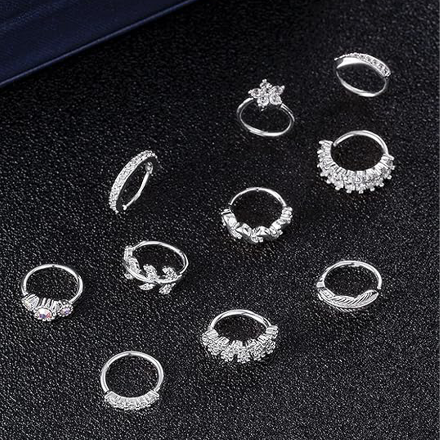 10Pcs Nose Ring Hoop Paved Flower Leaf Feather CZ Cartilage Earrings Nose Piercing Jewelry for Women Men Silver Tone 20G