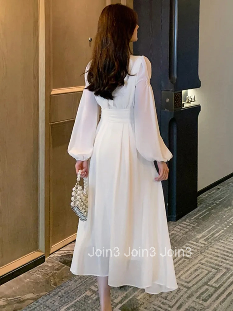 Elegant Long Sleeve Evening Dresses for Women Autumn Slim Lace Up A-Line Party Prom White Dress Autumn French Female Clothes New