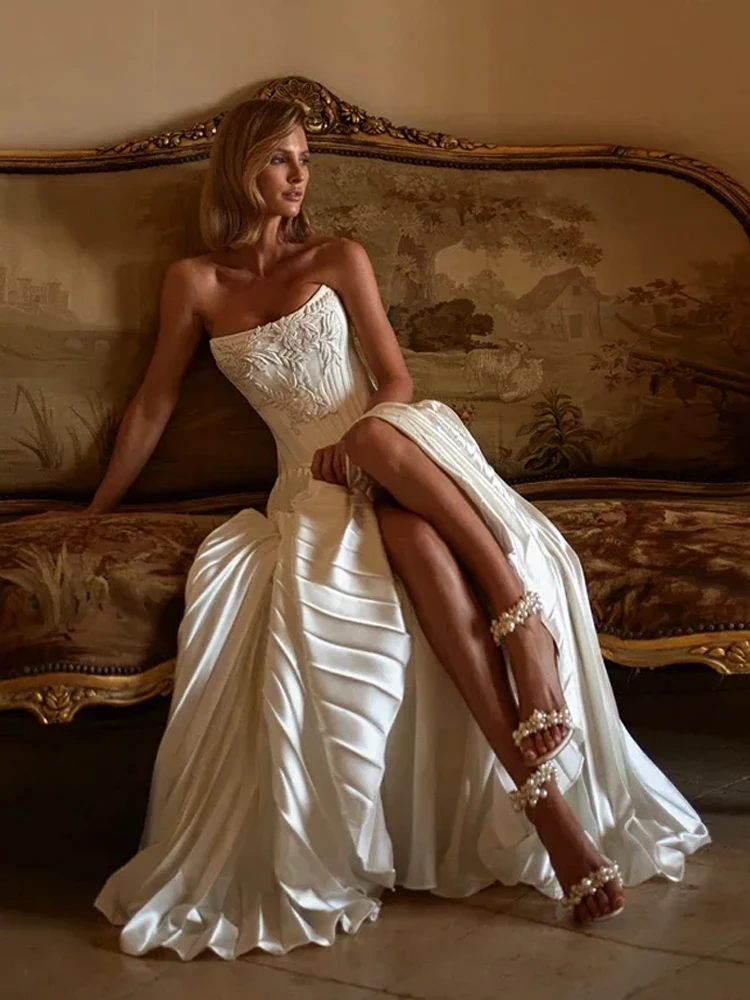 Elegant Prom Dress Mermaid Evening Dress Sleeveless Strapless Princess 3D Appliques Satin Prom Gowns Plus Size Customized vestido de novia