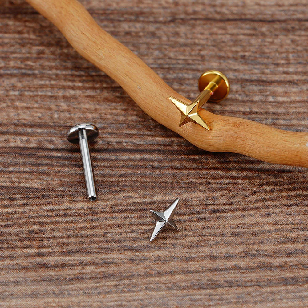 Right Grand ASTM 36 16G Four-Pointed Star Cartilage Earring Helix Tragus Stud Flatback Labret Nose Stud Piercing 250805