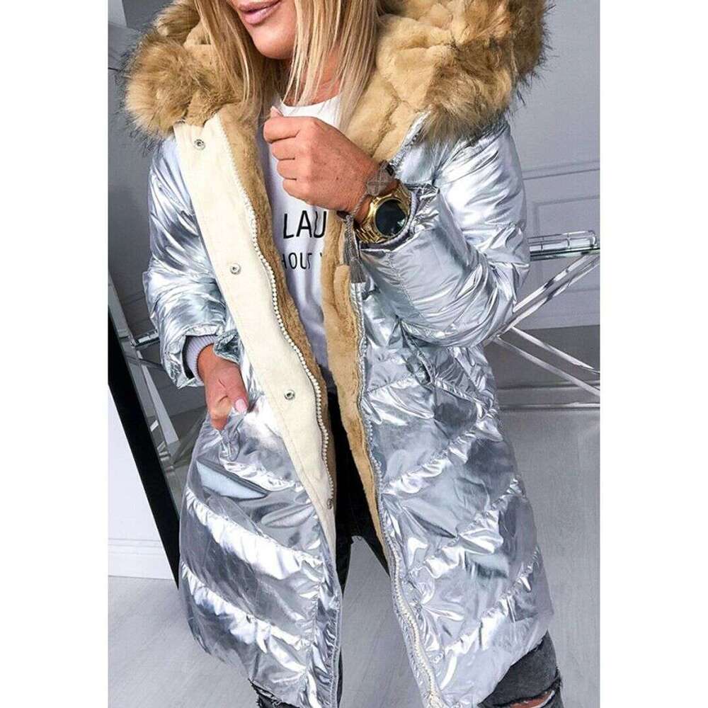 Clothing Women's Fashionable Glossy Zipper Slim Fit Large Fur Collar Cotton Coat