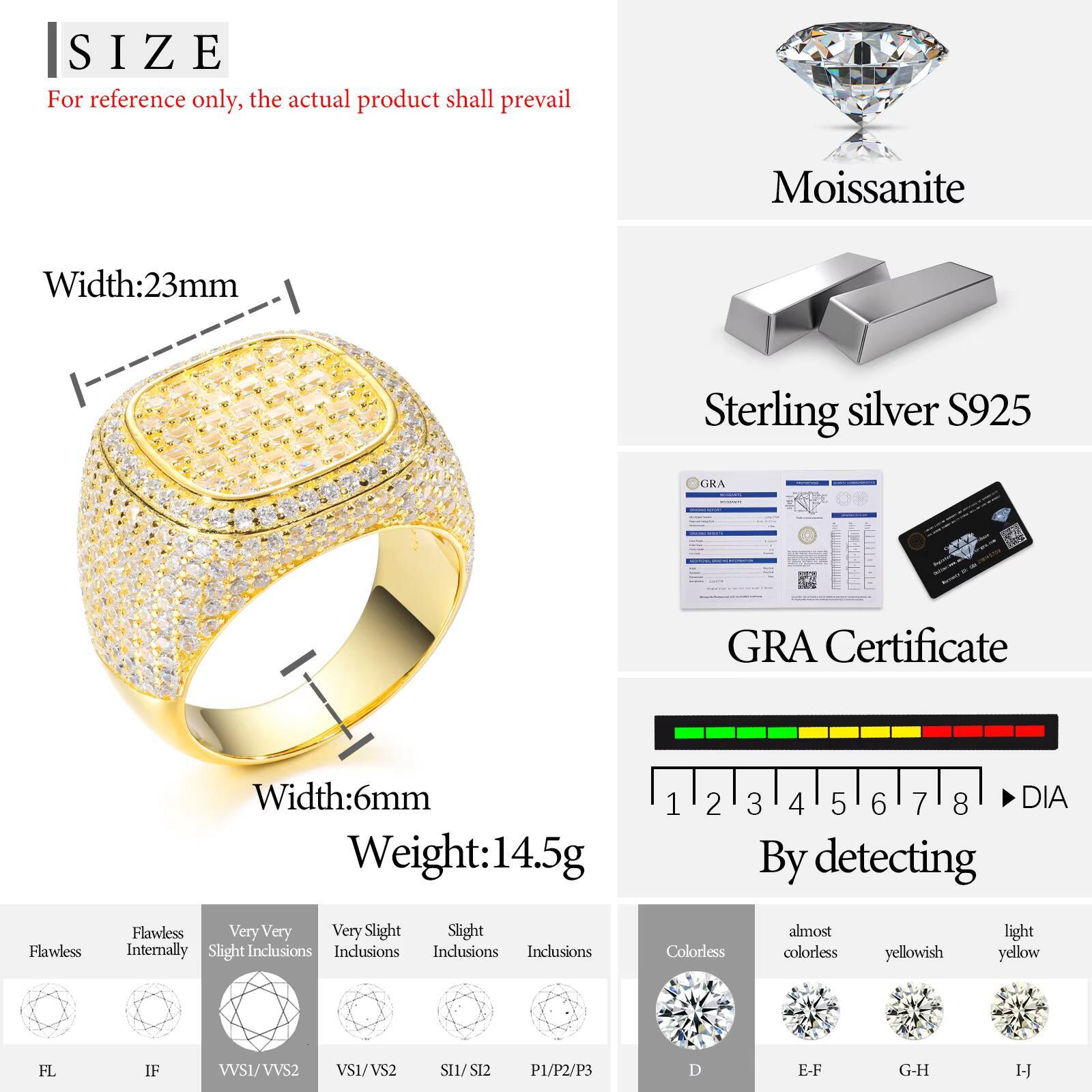 GRA Certificate 18K Gold Plated 925 Sterling Silver VVS Baguette Moissanite Diamond Iced Out Signet Ring Hip Hop Jewelry for Men