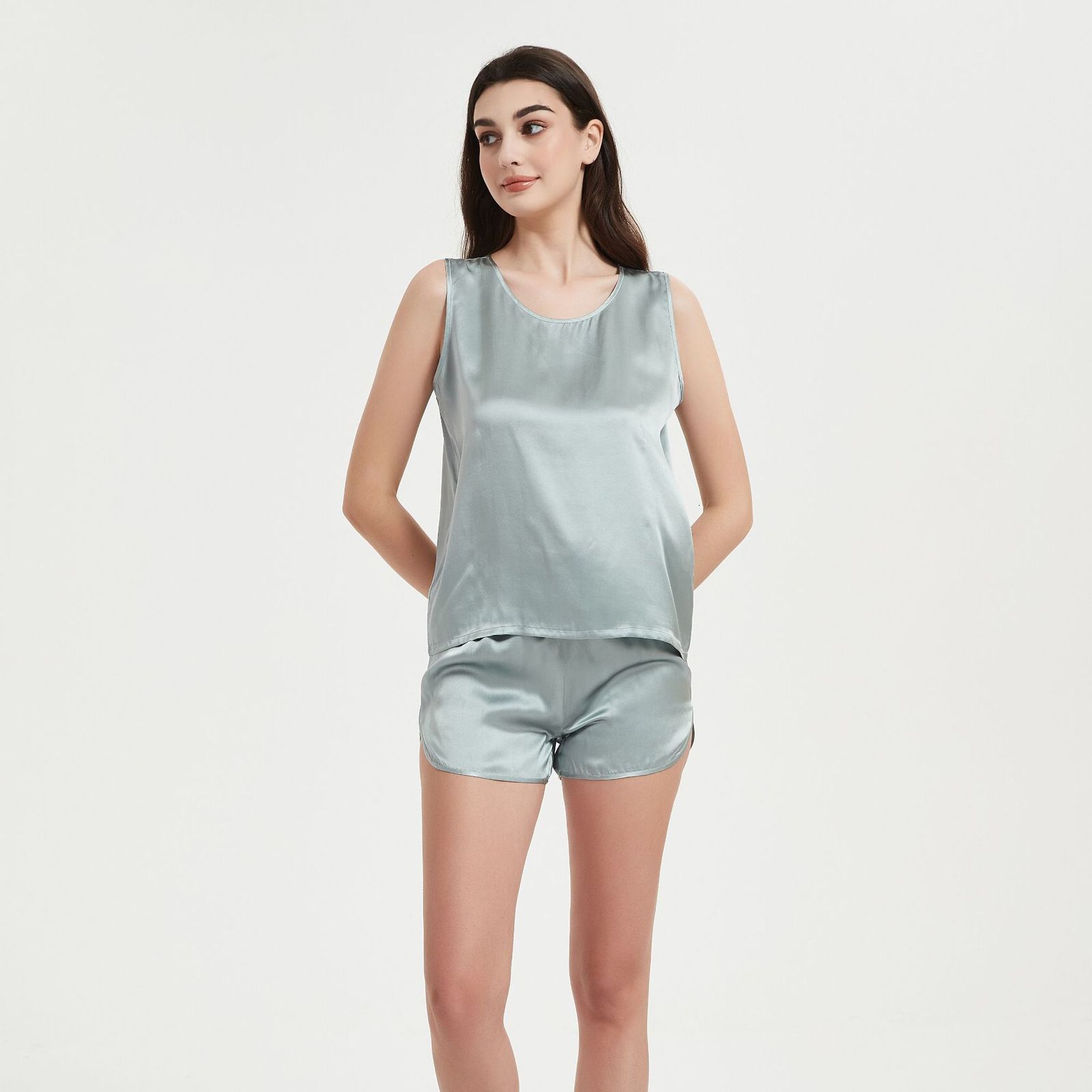 Women Mulberry Silk Vest and Shorts Set Sleeveless Homewear Summer Pajamas Satin Pajamas Set Nightwear Sleeveless Tank Top with Shorts Sleepwear 23050