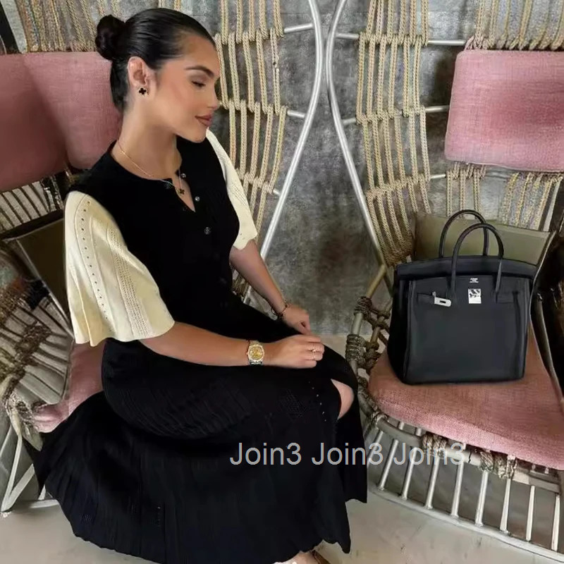 Elegant Knitted Dress New Hollow Out Short Sleeve Midi Dress High Waist Slim-Fit Dress Patchwork Single Breasted Ladies Robe