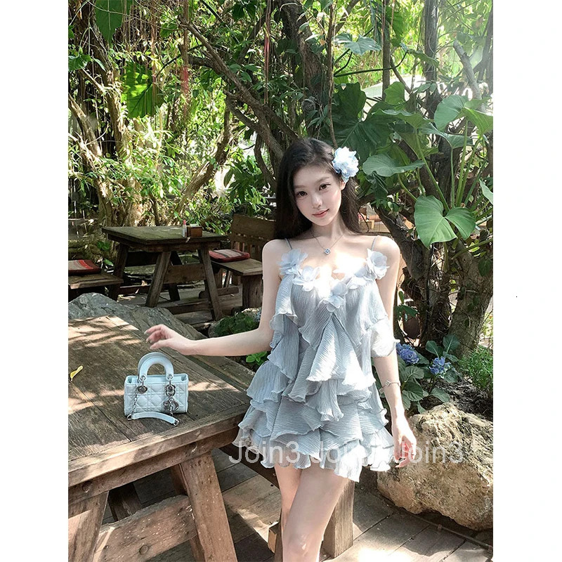 Elegant Floral Chiffon Mini Dress Women Fashion Vacation Ruffles V Neck Dresses Summer Fairy Korean Spaghetti Strap Vestidos New