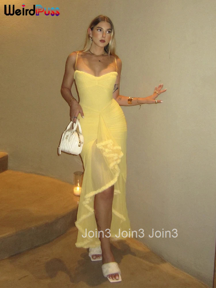 Weird Puss Ruffles Bandage Dress Women Sexy Backless Sleeveless Tassel Lace-Neck See Through Slits Hem Prom Party Long Bodycon