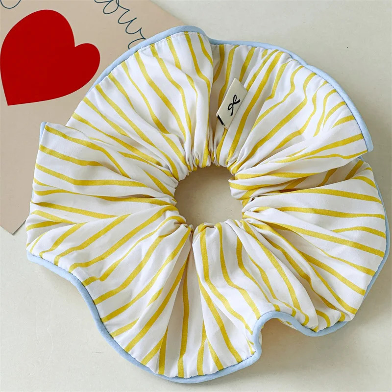 Summer Yellow And Blue Striped Fabric High Elastic Hair Rope Simple Fashion Double-layer Small Waist Hair Band 250730