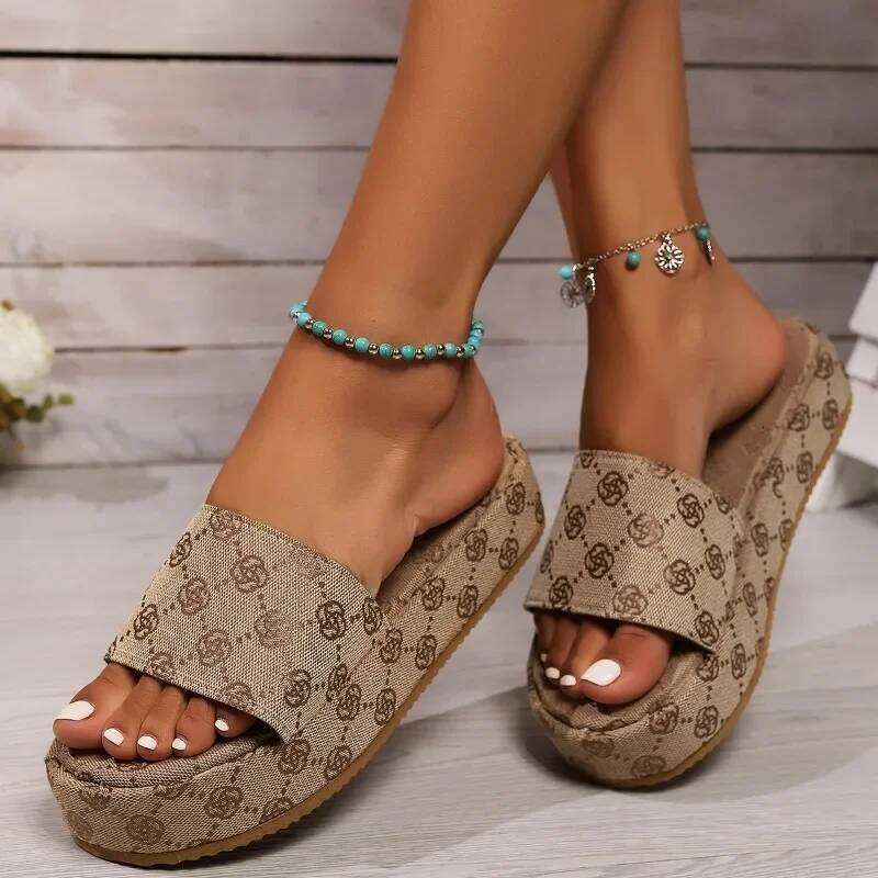 Summer New Round Toe Non-slip for Fashion Flower Khaki Flat Women Beach Sandals Slippers