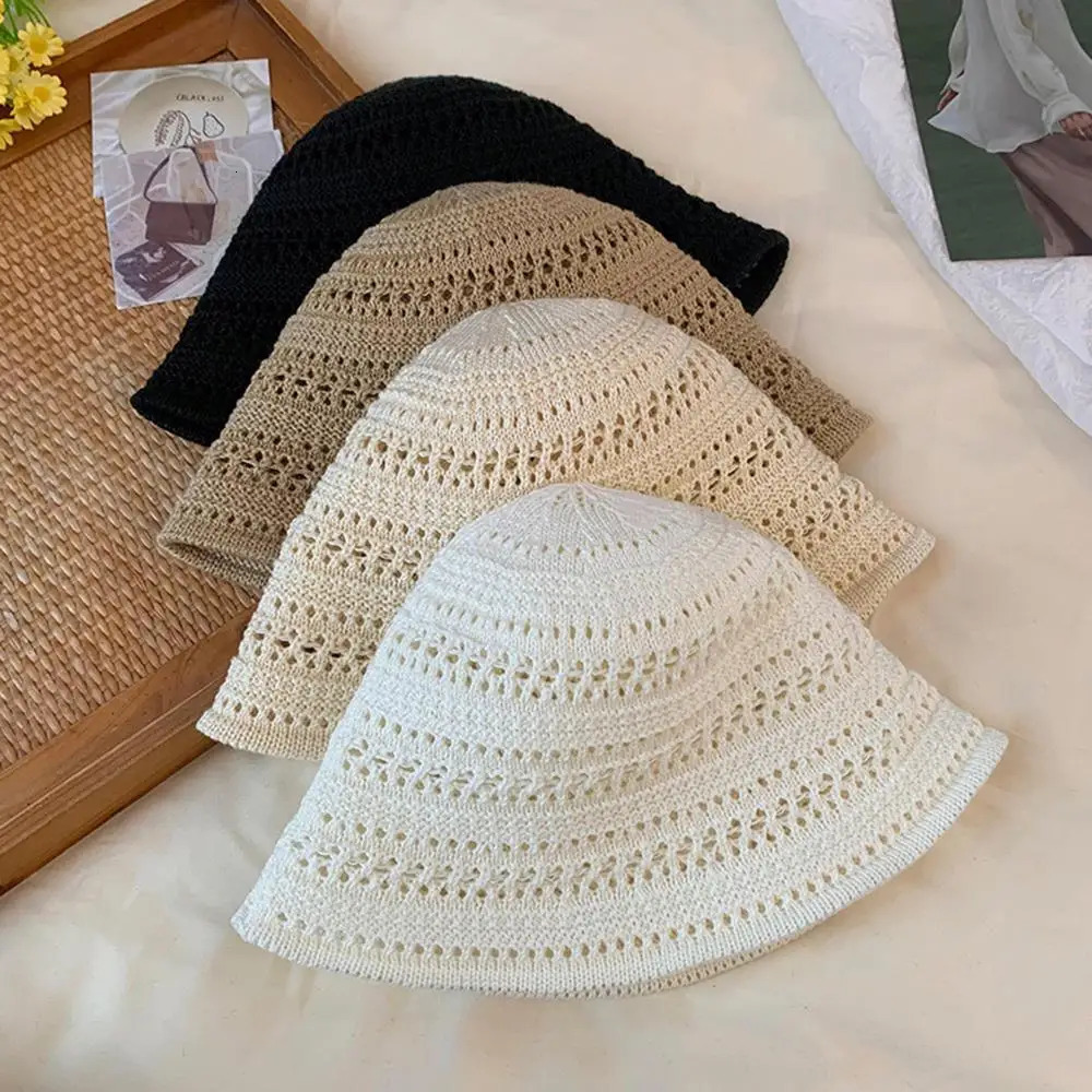 Summer Fashion Wide Brim Bucket Hat For Women Hollow Out Breathable Crochet Sun Hat Outdoor Casual Versatile Wear Panama Hat 250806