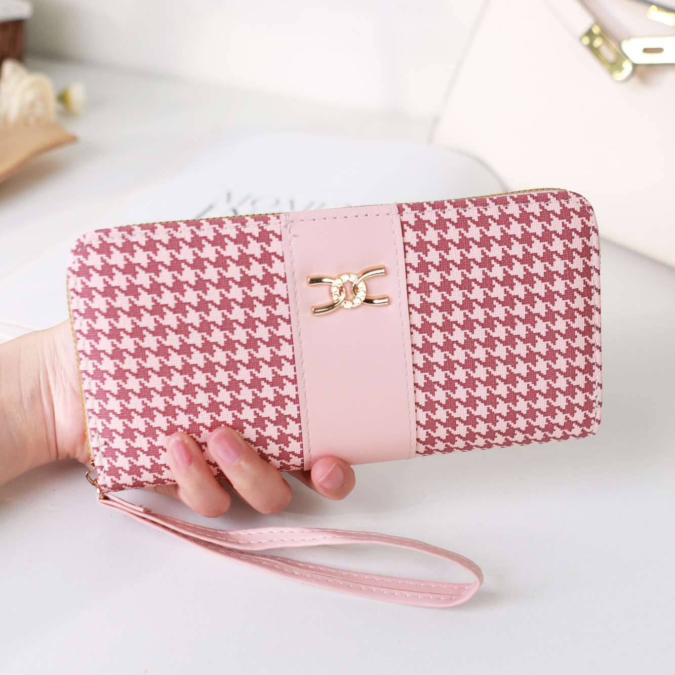 New Korean Style Long Fashion Print Single Zipper Large Capacity Plaid Pattern Wallet for Women