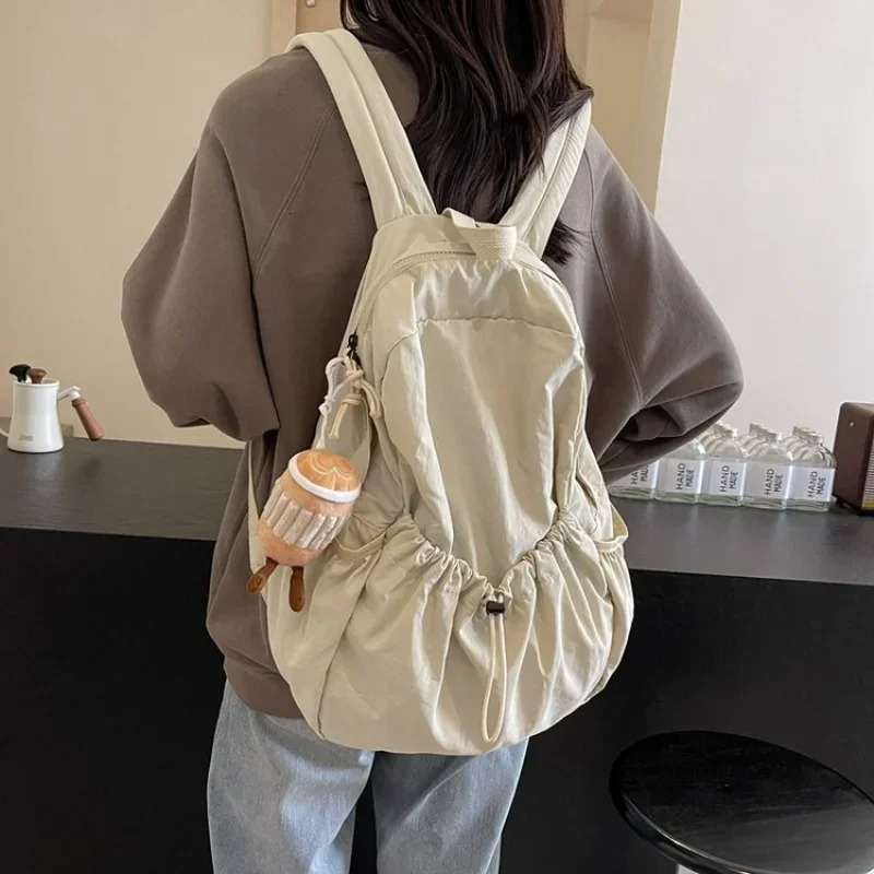 Casual Backpack Women Large Capacity Fashion Junior High School Student Pleat Schoolbag Cloth Bag Korean Travel Backpack 250625