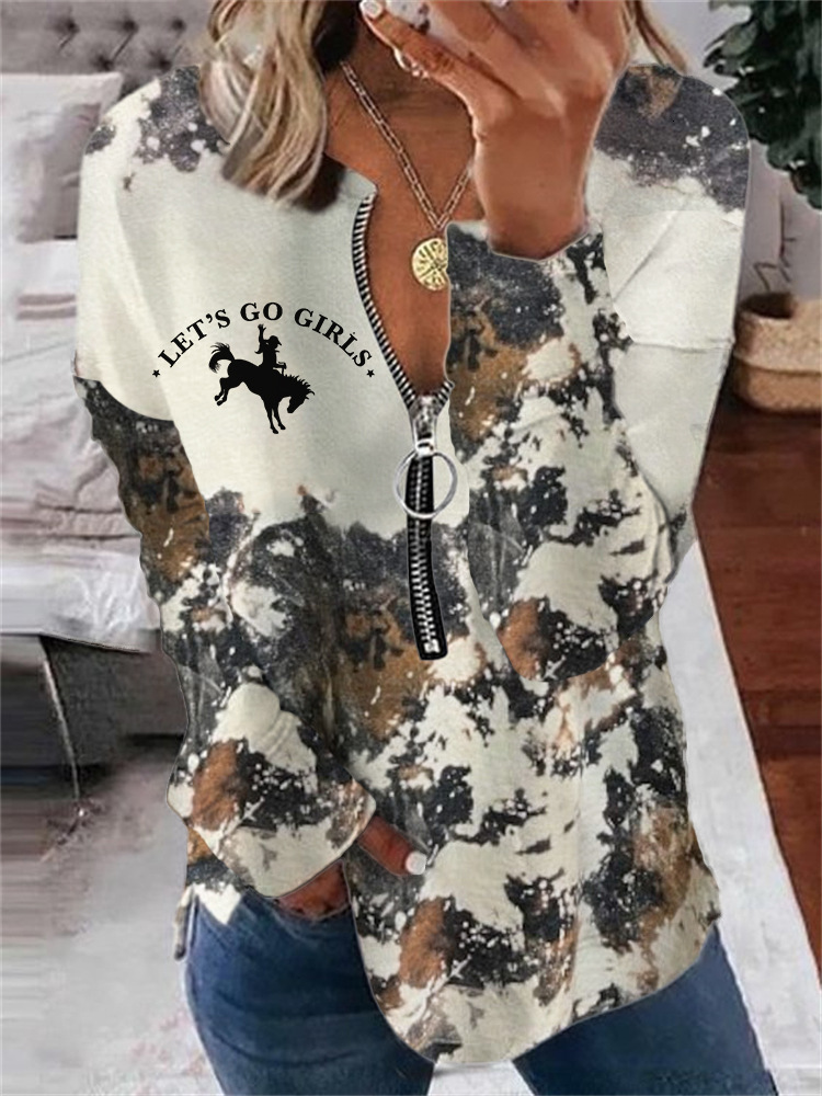 Autumn New Trendy Abstract Print Long Sleeve Half-Zip Hoodie for Women