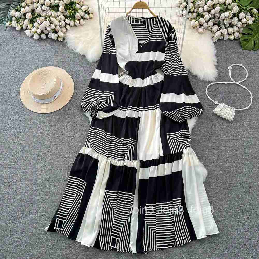 Chic Print Elegant Women Long Sleeve Lace Up Loose Maxi Dress A-line High Waist Holiday Party Female New Autumn Fashion Robe