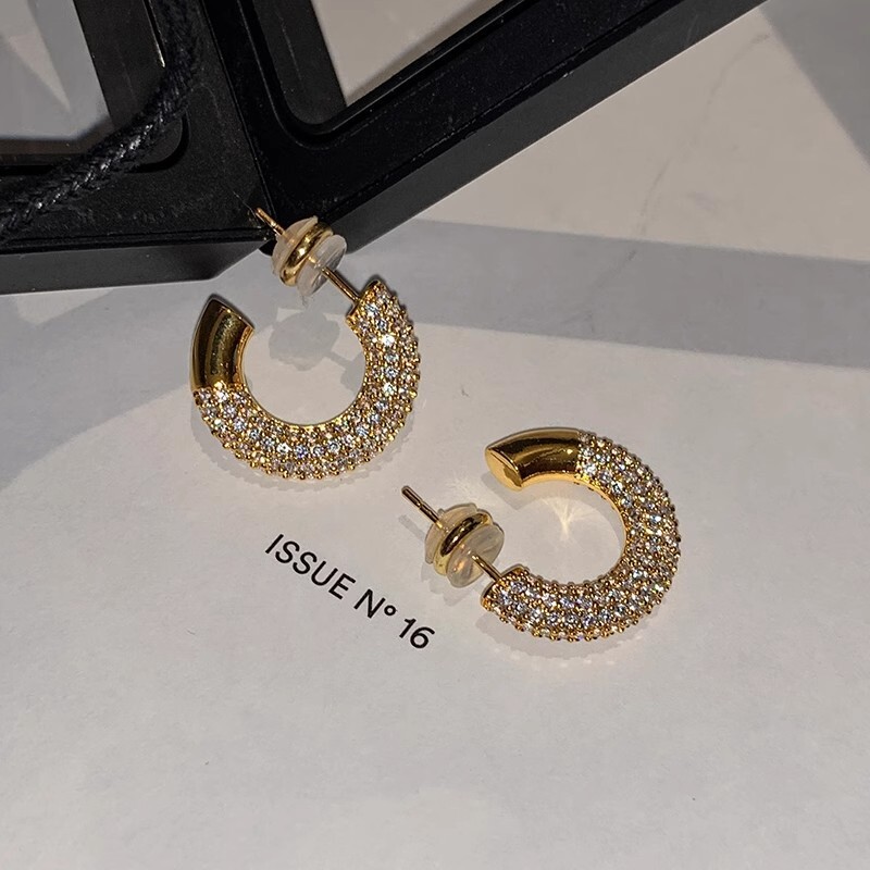 Sterling Sier Needle Style Simple C-shaped for Women Exquisite Micro-inlaid 5A Grade Zirconia Stud Earrings Real Gold Plated Ear Jewelry