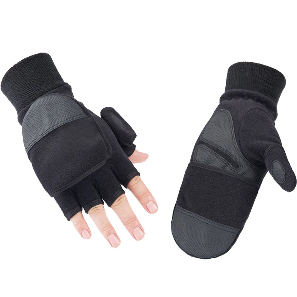 Winter warm Gloves Fingerless Convertible Thermal Mittens Gloves Windproof Polar Fleece Warm men women double-layer Flap Gloves 250806