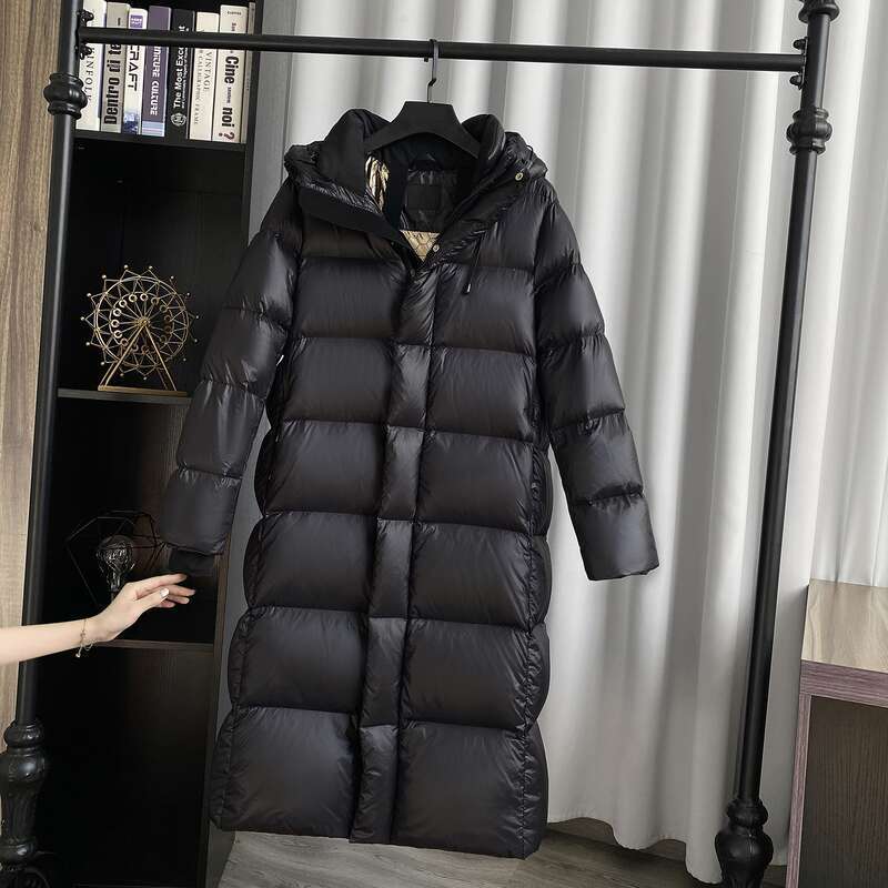 Clothing Winter Black Gold New National Standard White Duck Mid Length Down Jacket Women's Temperament Hooded Windproof Over Knee