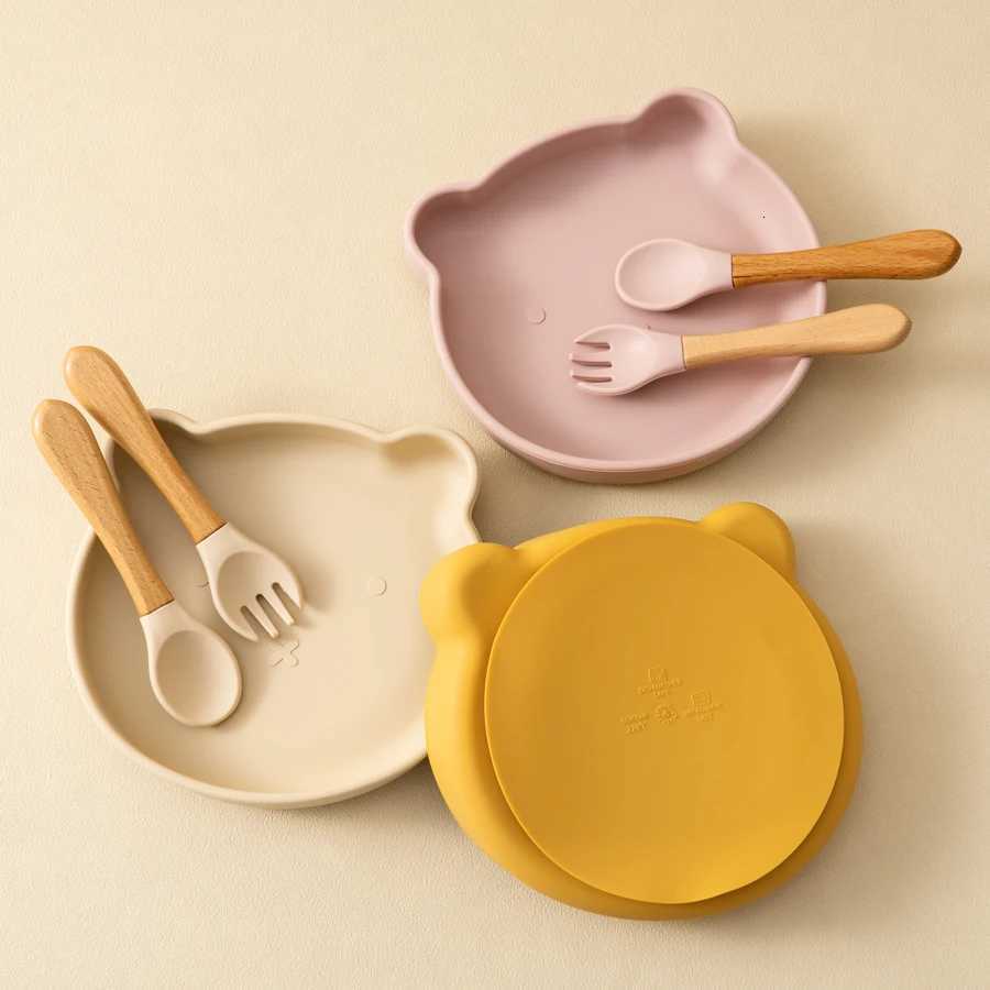 Dropshipping Silicone Baby Feeding Dish Tableware for Kids Children Sucker Dish Plate Toddle Training Spoon Baby Stuff X250806