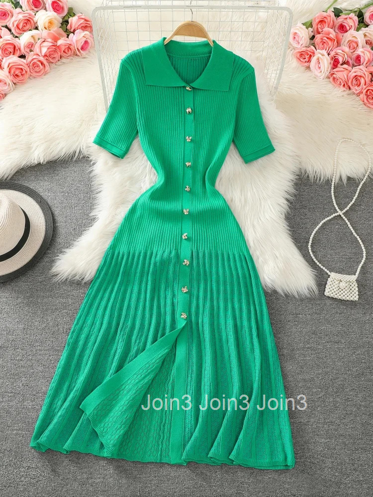 Summer New Womens Black Beige Single Breasted Knitted Long Dress Green Elegant Office Lady Short Sleeve Pleated Dress Chic