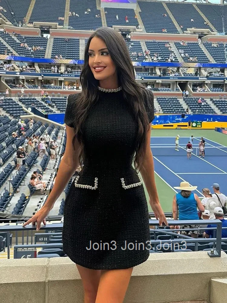 New Elegant Glittery Spliced Beaded Mini Dress Women Elegant Mock Neck Short Sleeve High Waist Dresses Female Party Gown