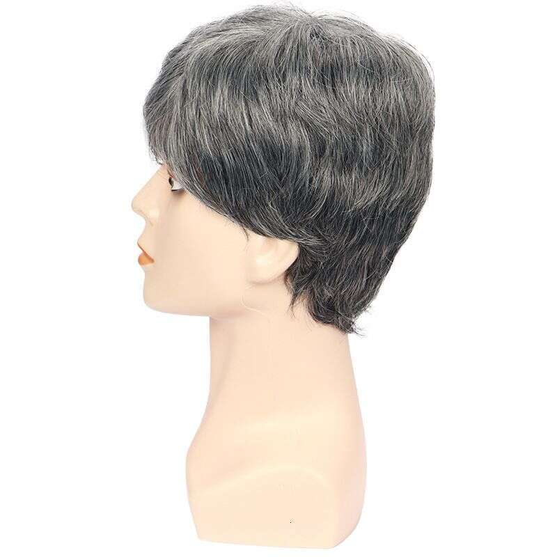 Synthetic Clip-In Men's Gray Side Parted Short Straight Hair Chemical Fiber Headpiece Multi Layered Natural Wig