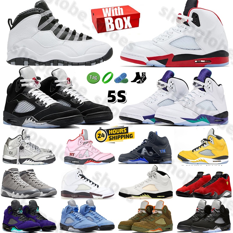 With Box 5s Men Women Basketball Shoes 10s steel 5s Black Cat Olive Navy Black Metallic Grape Fire red Awake NY Black Pink 9s Cool Grey 14s Mens Womens Trainers Sneakers